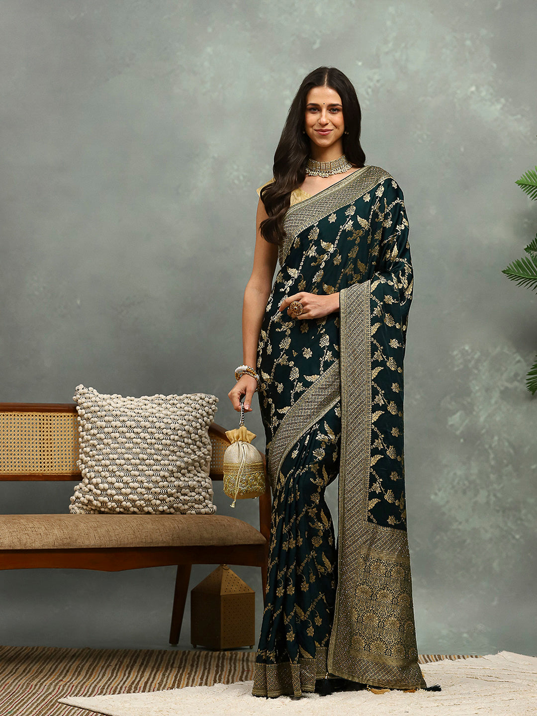 Stone Work Satin Embroidery Saree