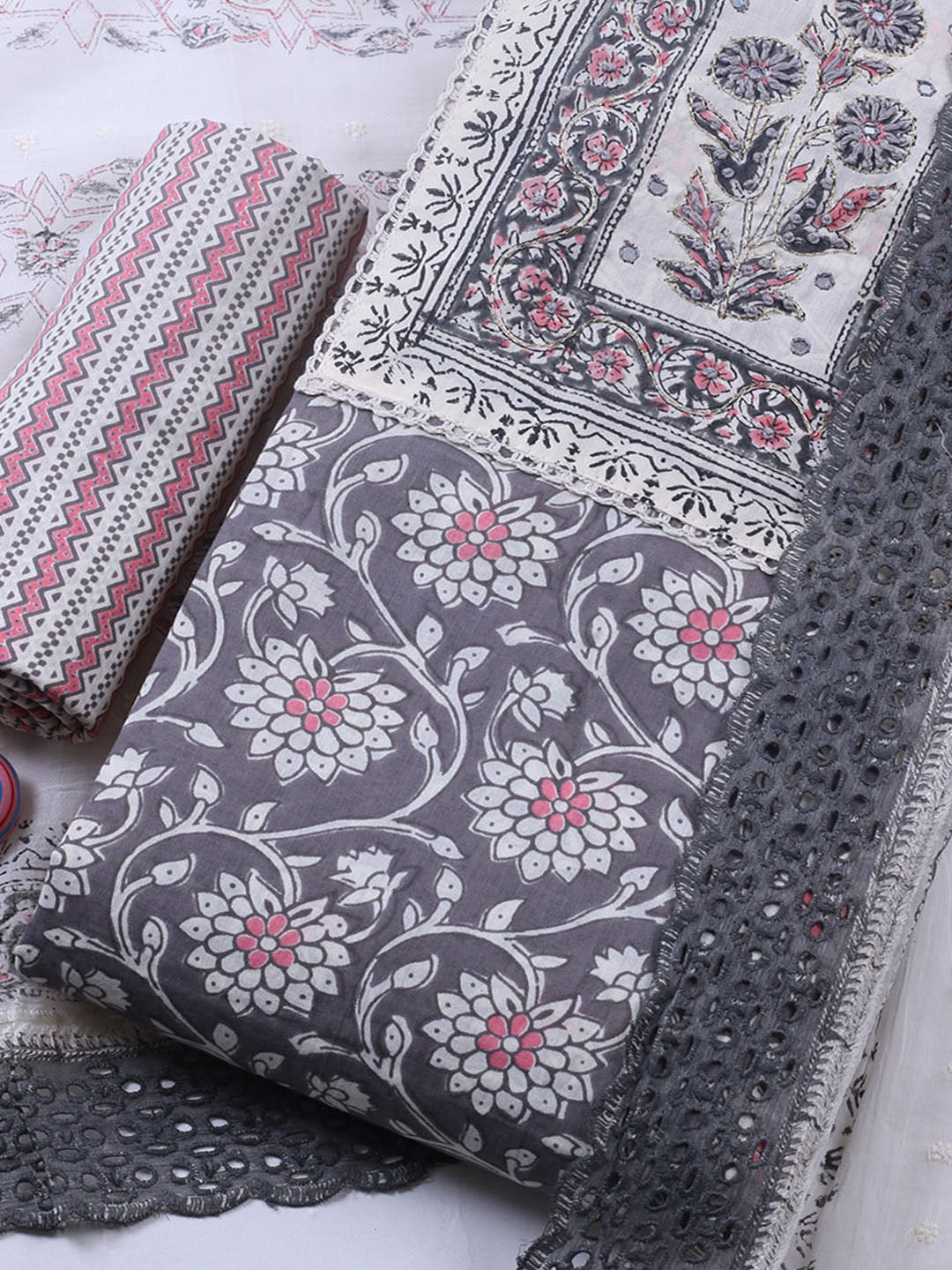 Embroidered Cotton Blend Unstitched Suit With Pant &amp; Dupatta