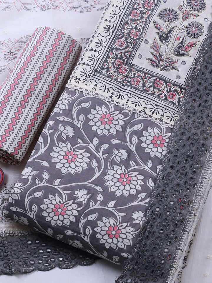 Embroidered Cotton Blend Unstitched Suit With Pant &amp; Dupatta