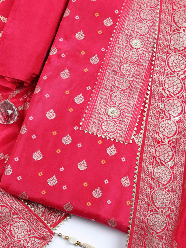 Embroidered Chanderi Unstitched Suit With Pant &amp; Dupatta