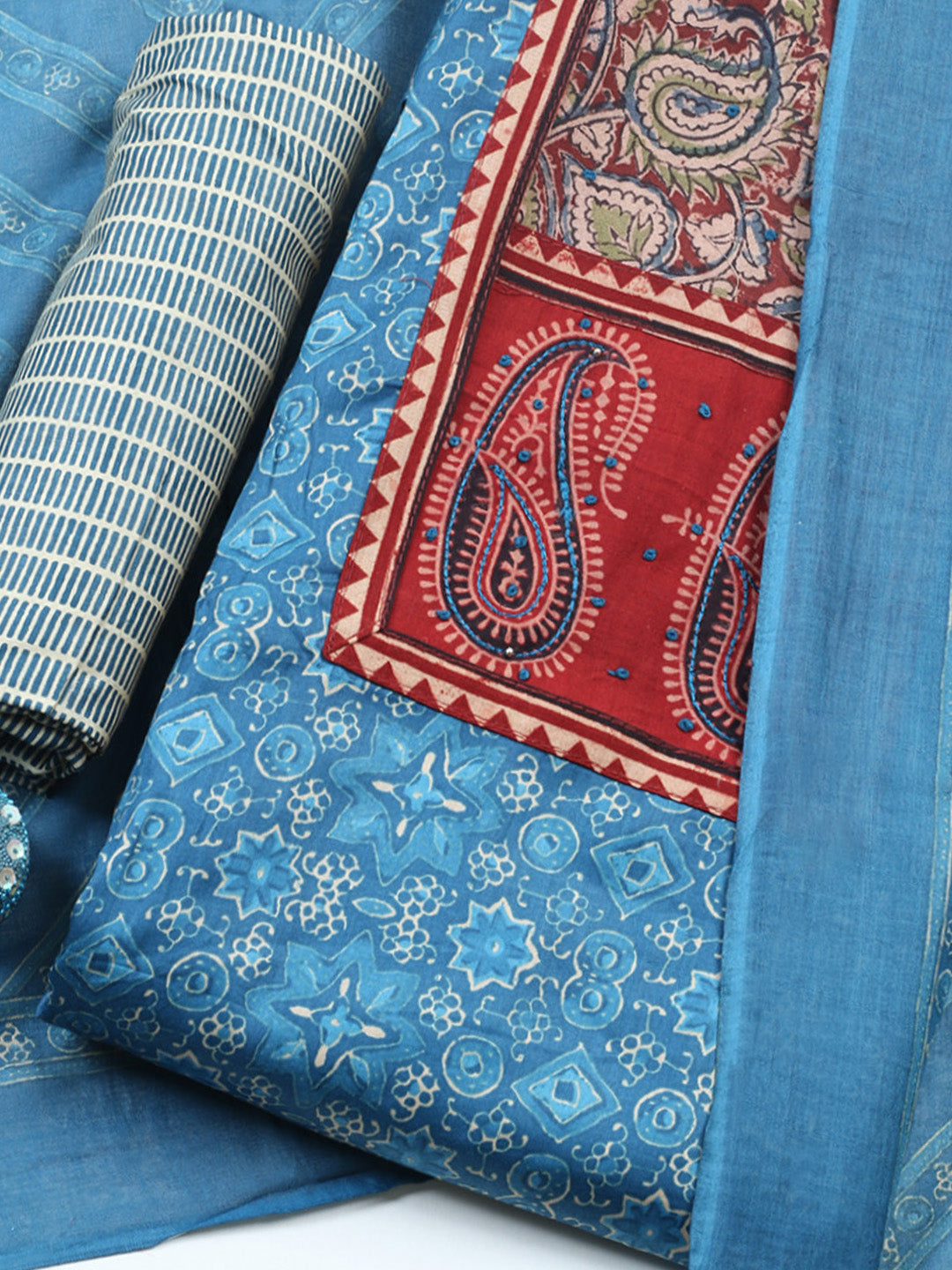Printed Cotton Blend Unstitched Suit With Pant &amp; Dupatta