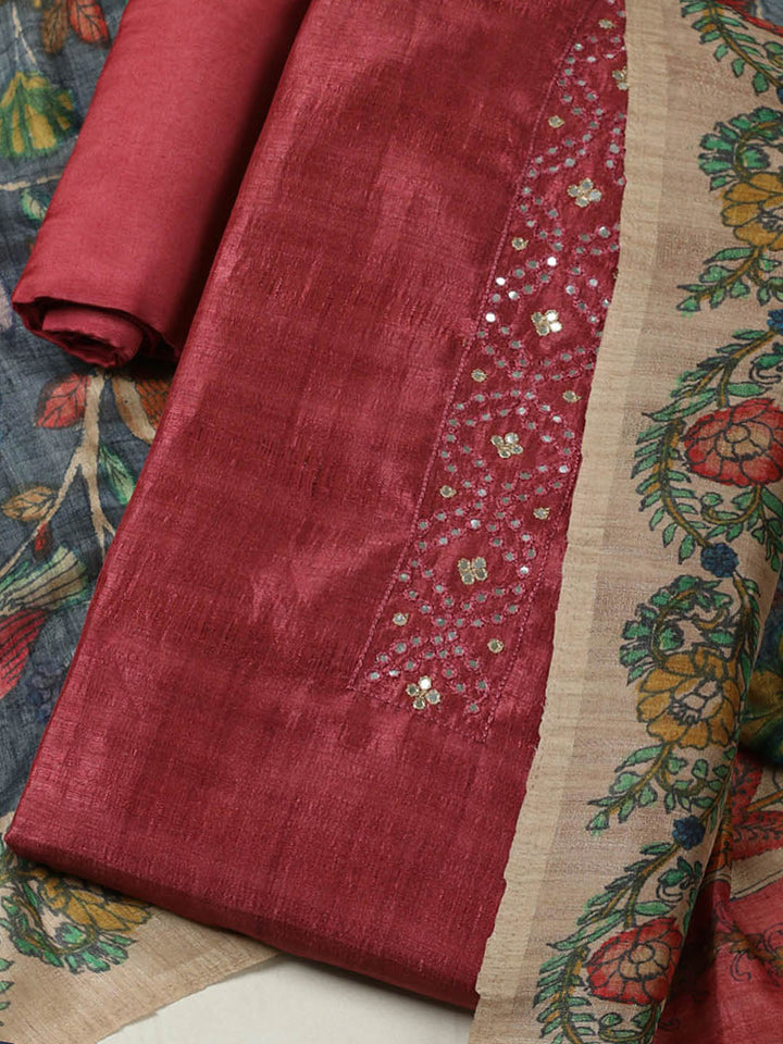 Embroidered Tussar Unstitched Suit With Pant &amp; Dupatta