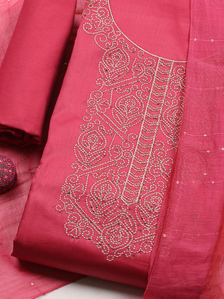 Embroidered Chanderi Unstitched Suit With Pant &amp; Dupatta