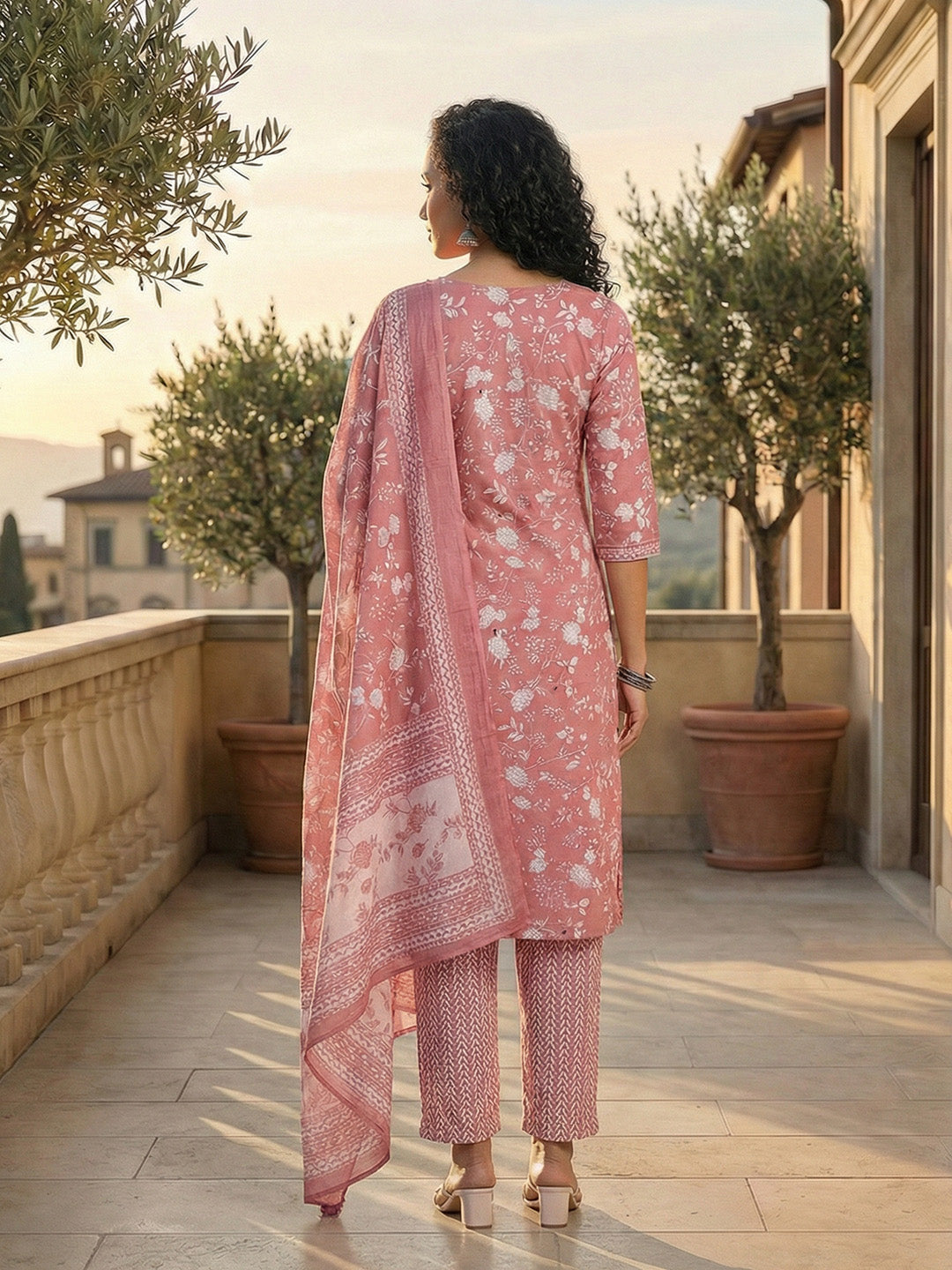 Printed Cotton Blend Kurta With Pant &amp; Dupatta