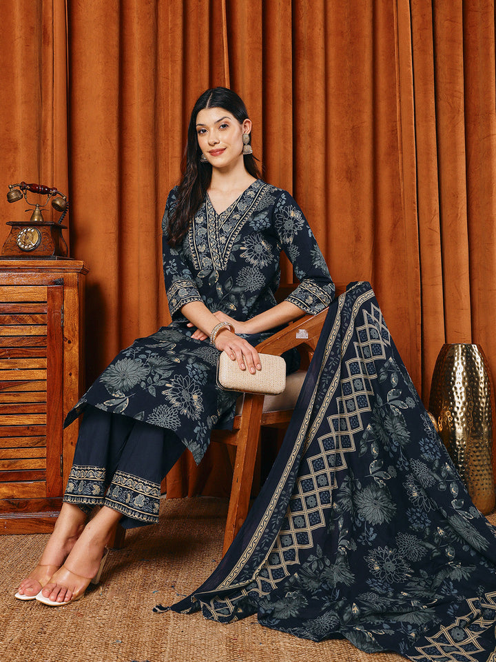 Printed Cotton Blend Kurta With Pants &amp; Dupatta