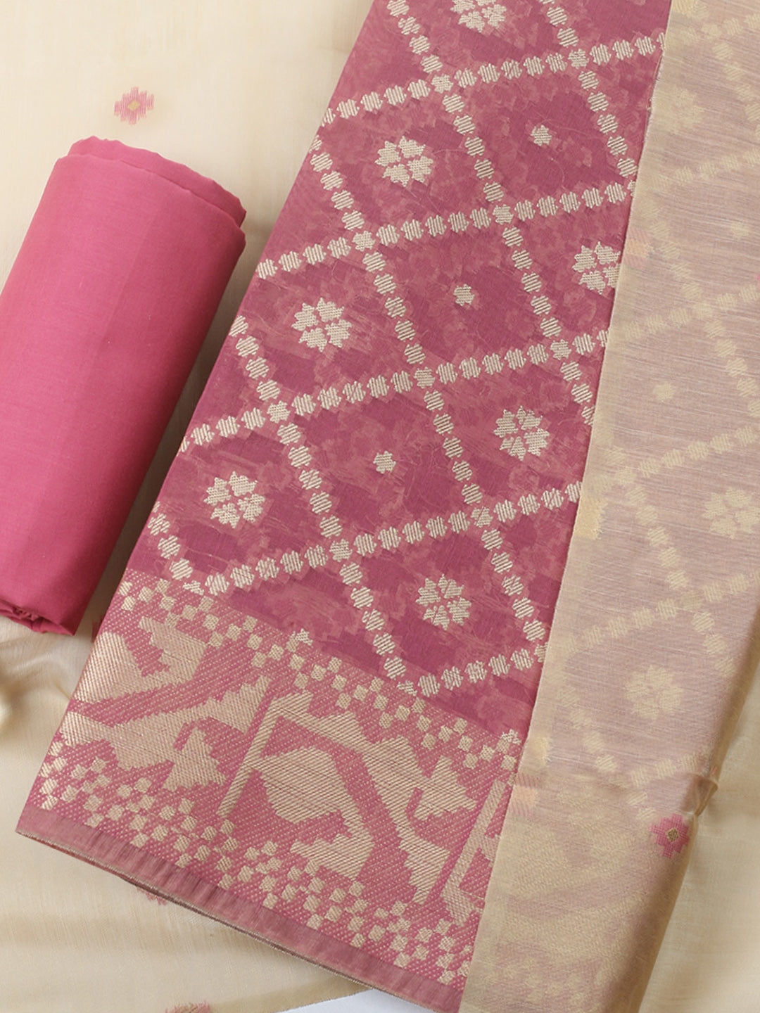 Printed Chanderi Unstitched Suit With Pant &amp; Dupatta