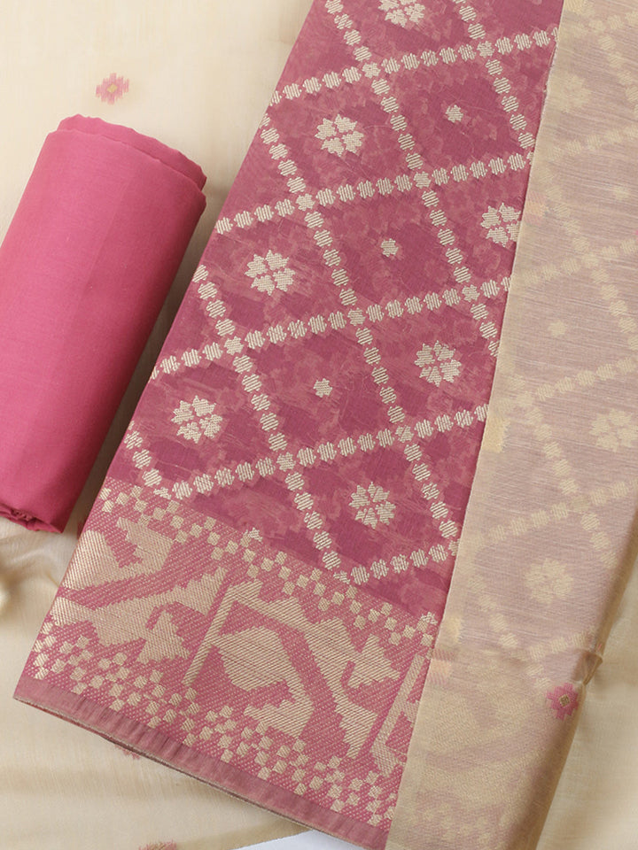 Printed Chanderi Unstitched Suit With Pant &amp; Dupatta