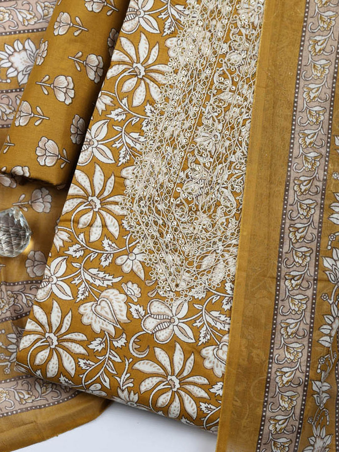 Printed Cotton Blend Unstitched Suit With Pant &amp; Dupatta