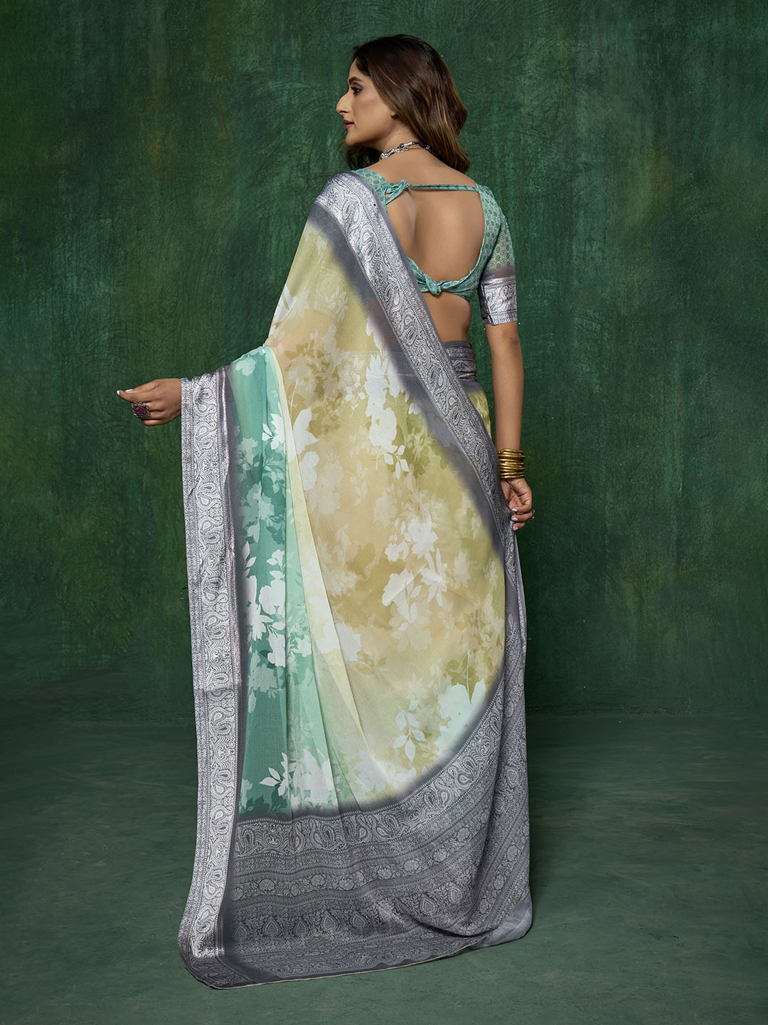 Ombre Floral Printed Georgette Saree