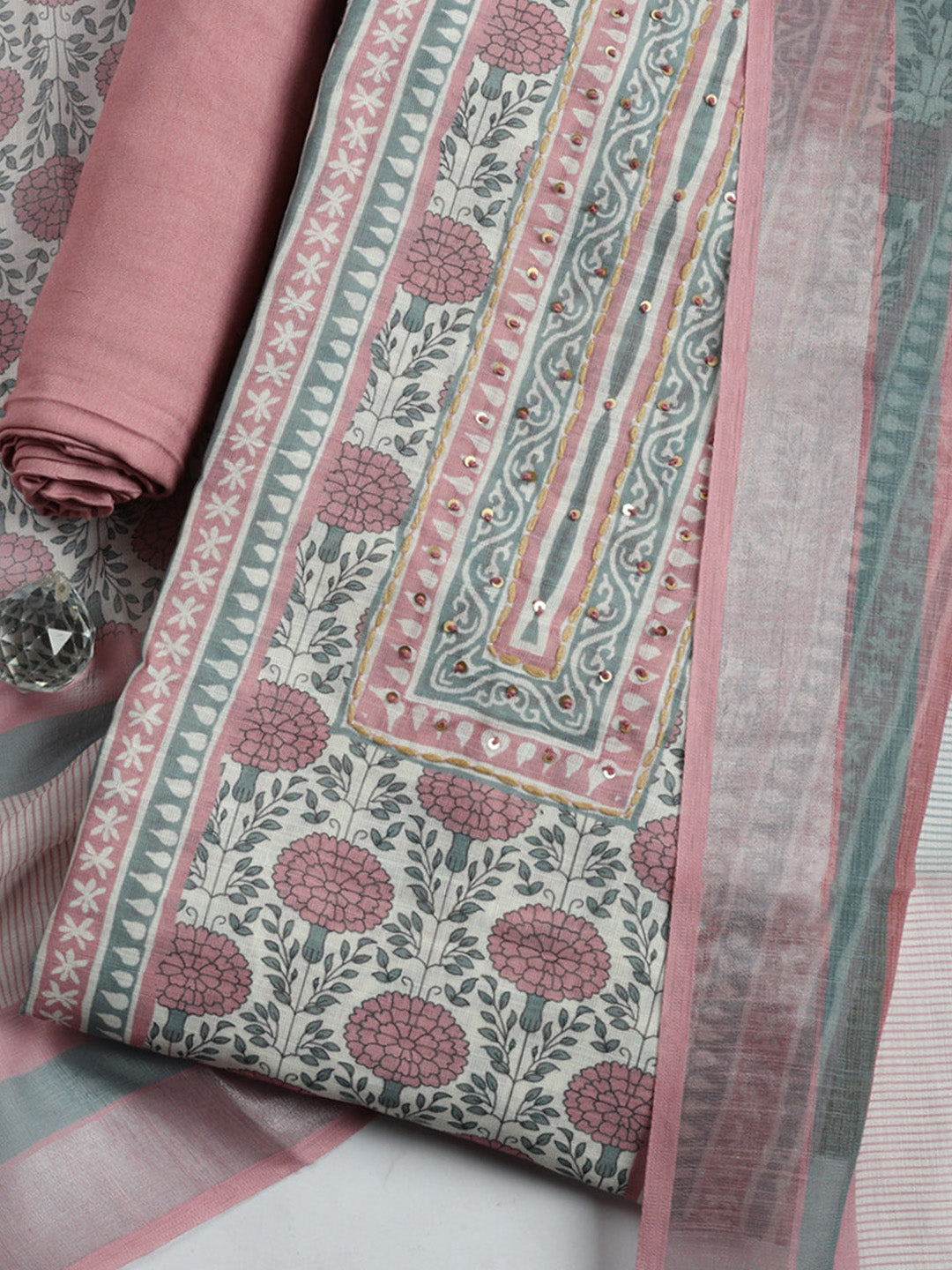 Printed Linen Blend Unstitched Suit With Pant &amp; Dupatta