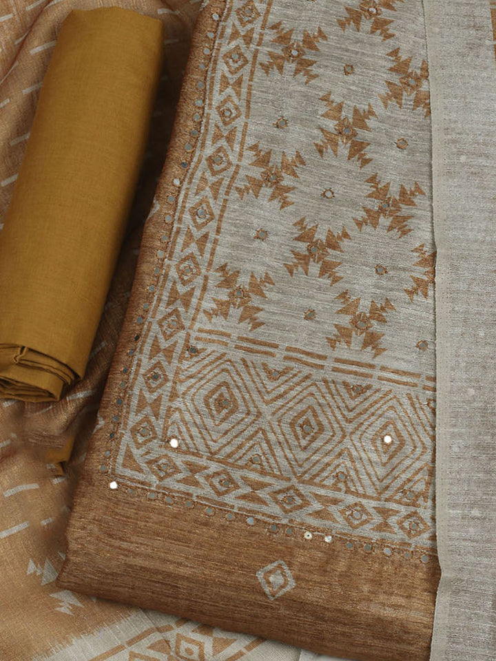 Printed Chanderi Unstitched Suit With Pant &amp; Dupatta