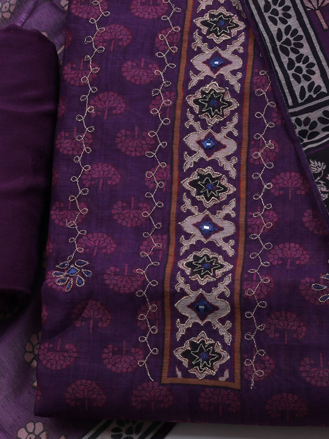 Printed Cotton Blend Unstitched Suit With Dupatta