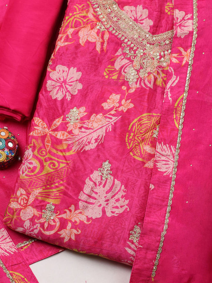 Embroidered Chinon Unstitched Suit With Pant &amp; Dupatta