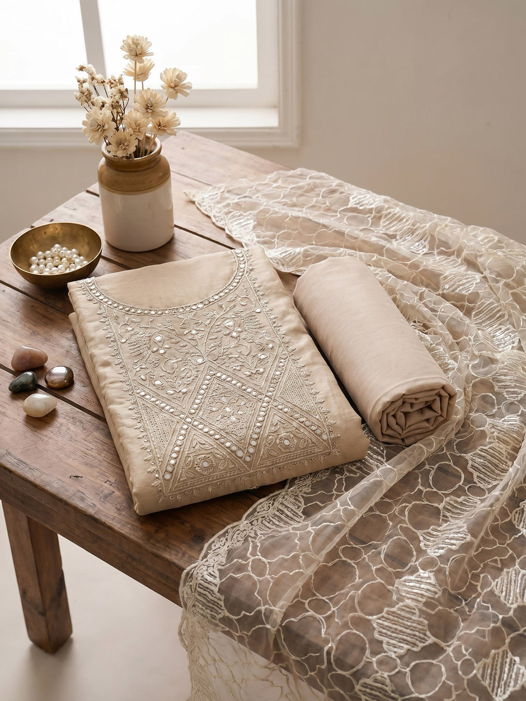 Neck Embroidered Chanderi Unstitched Suit With Dupatta