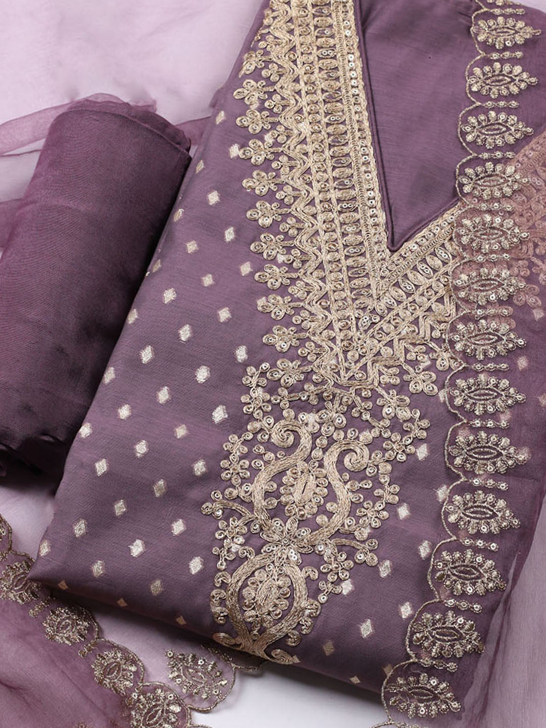 Neck Embroidered Chanderi Unstitched Suit With Dupatta