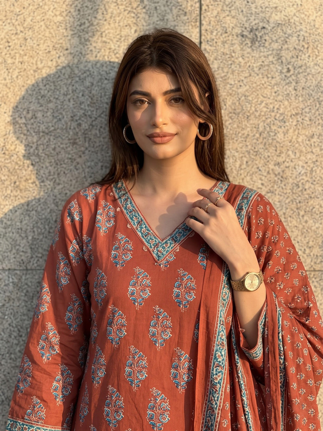 Red Printed Cotton Blend Kurta With Pant &amp; Dupatta