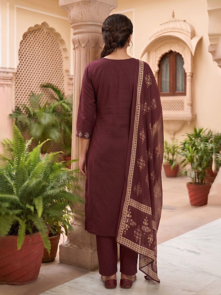 Neck Embroidered Cotton Blend Kurta With Pant &amp; Dupatta