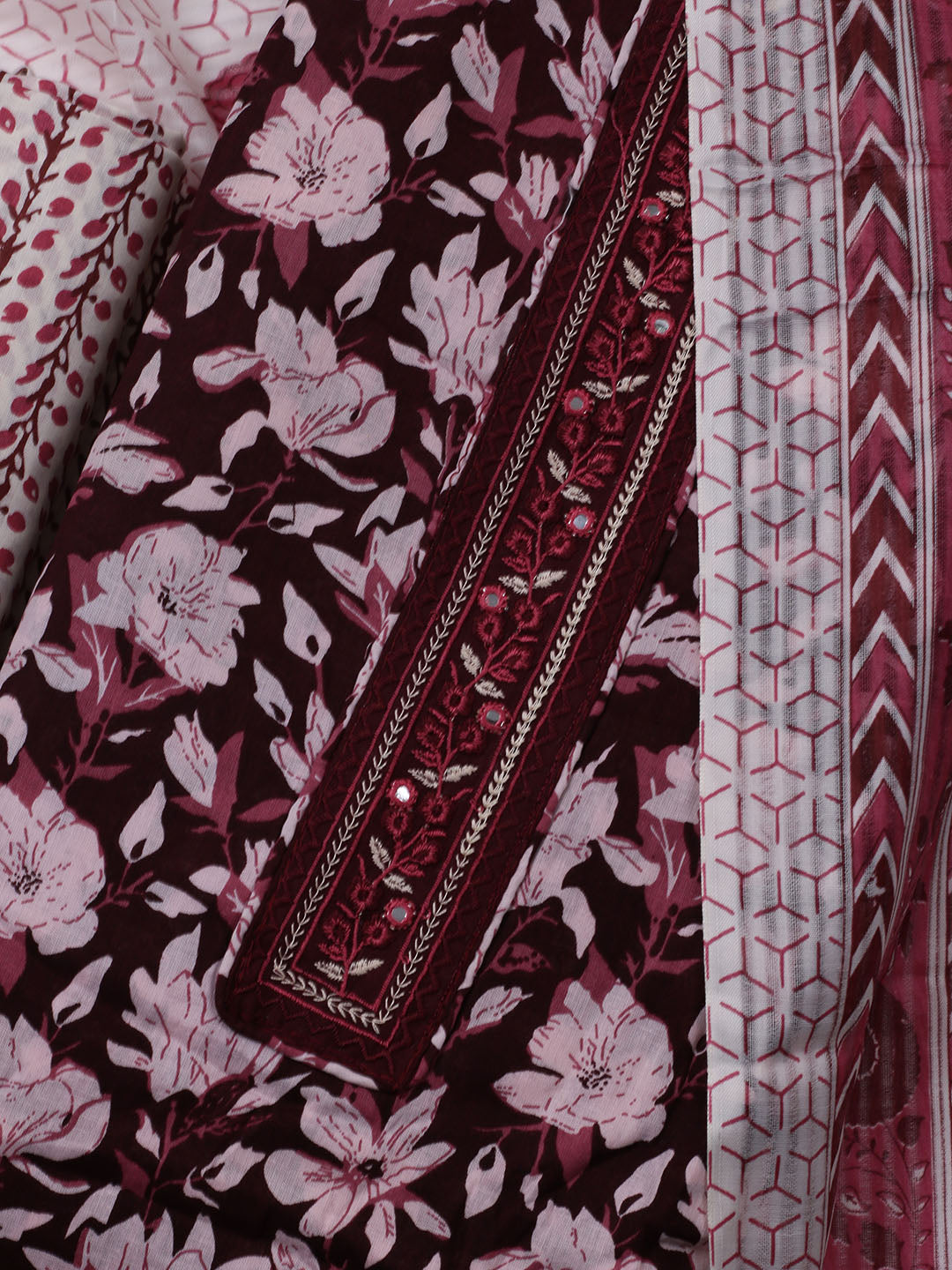 Patch Neck Cotton Blend Unstitched Suit With Dupatta