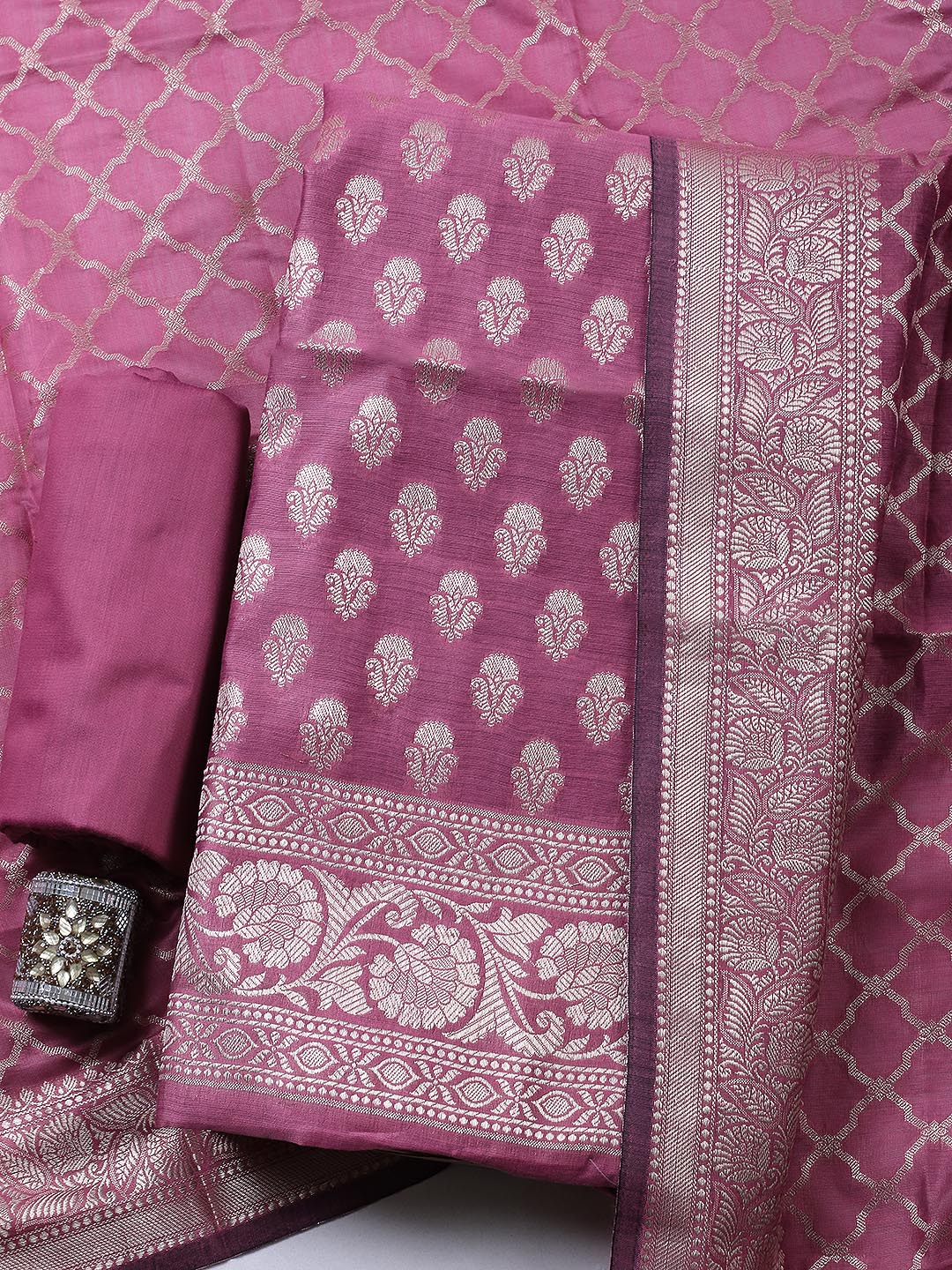 Banarasi Chanderi Unstitched Suit With Pant &amp; Dupatta