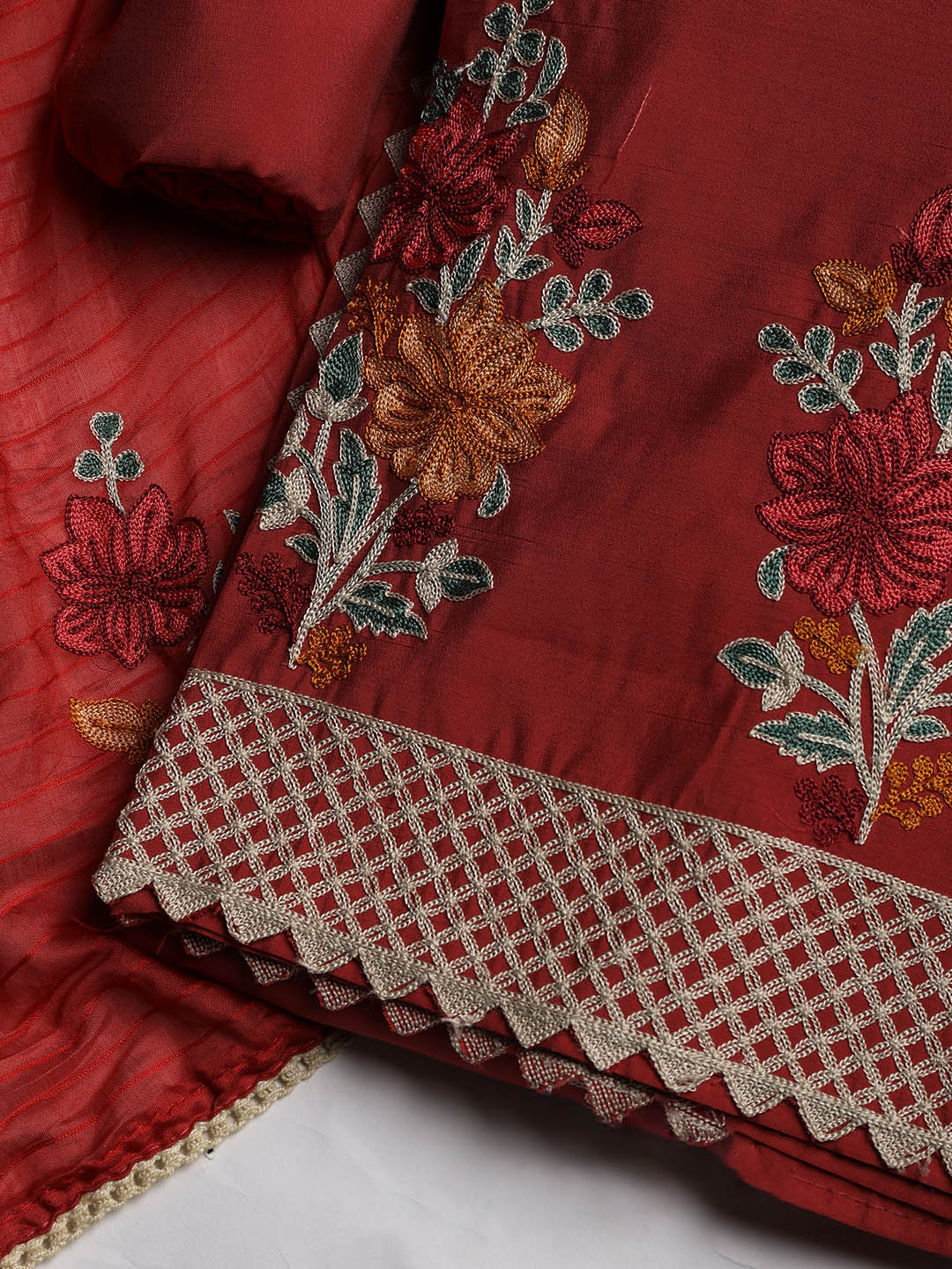 Embroidered Chanderi Unstitched Suit With Dupatta