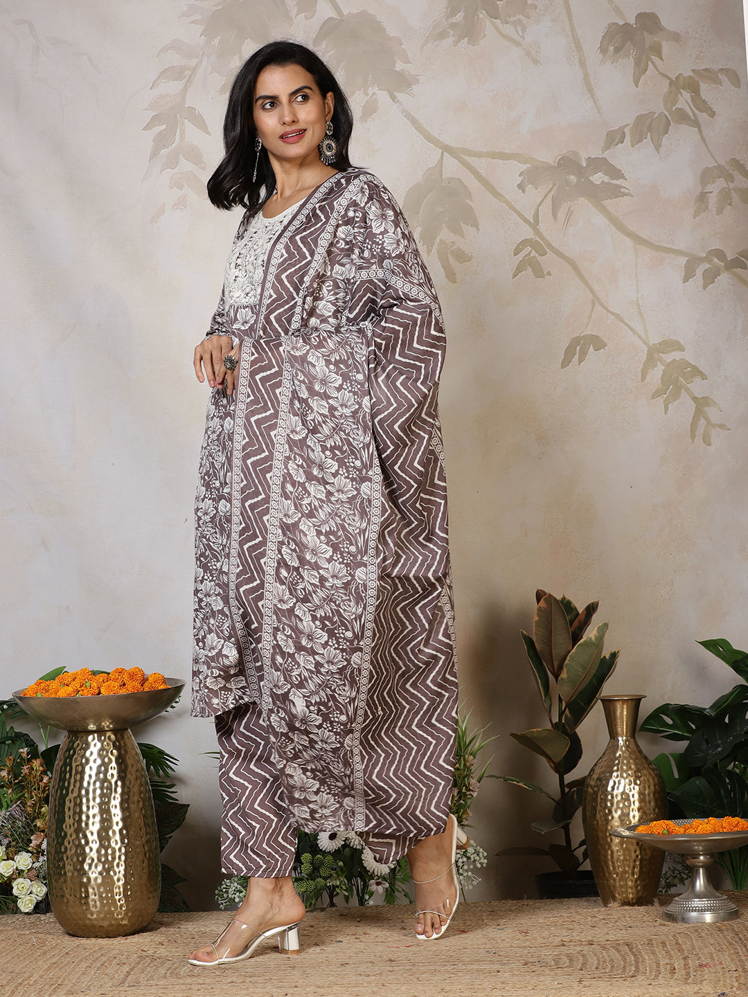 Printed Cotton Blend Kurta With Pants &amp; Dupatta
