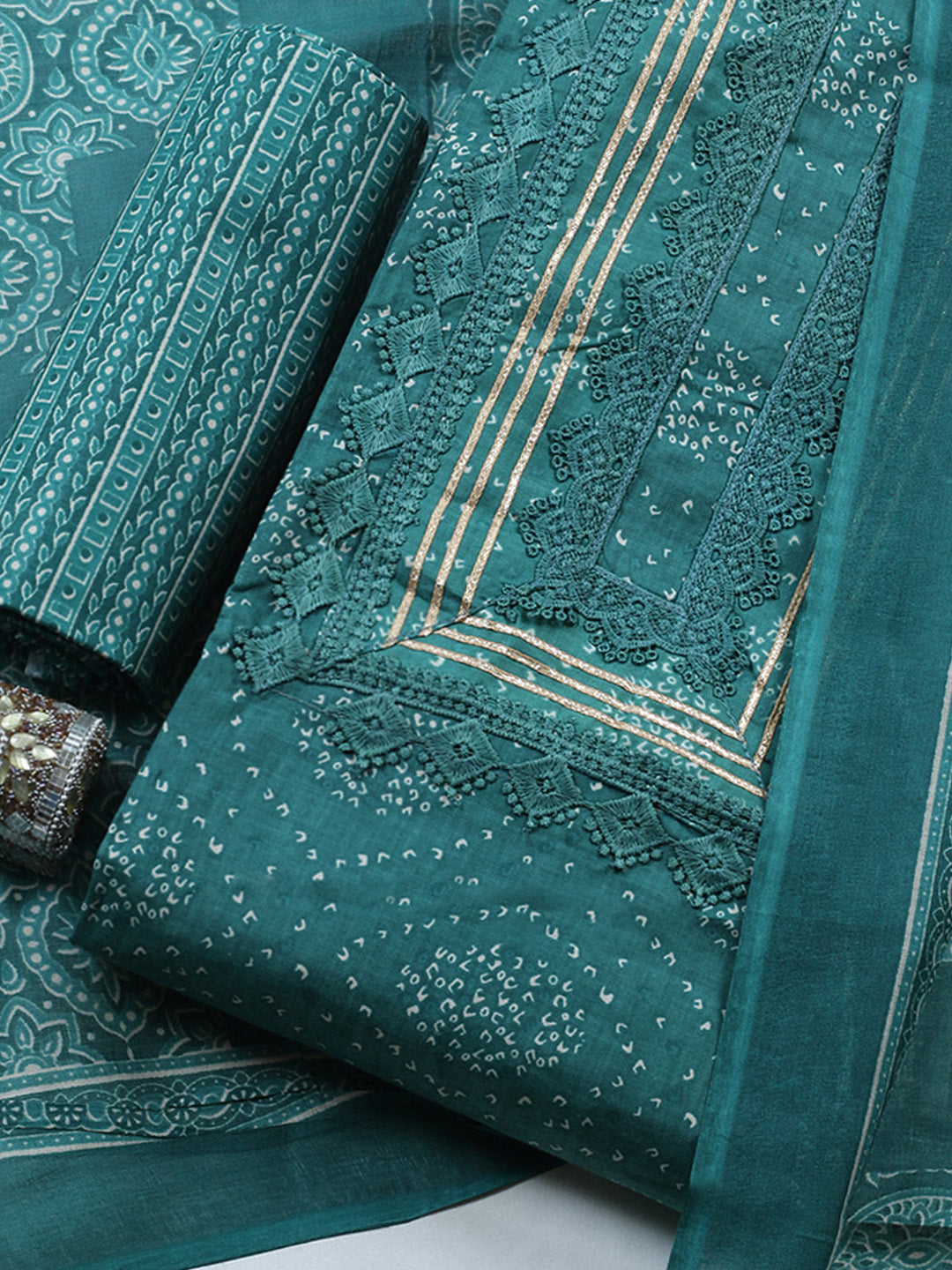 Printed Cotton Blend Unstitched Suit With Pant &amp; Dupatta