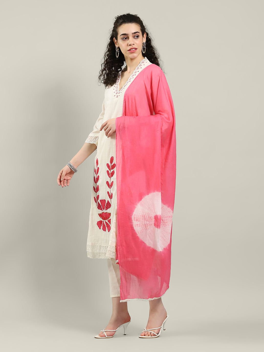 Neck Embroidered Cotton Blend Kurta With Pants & Dupatta