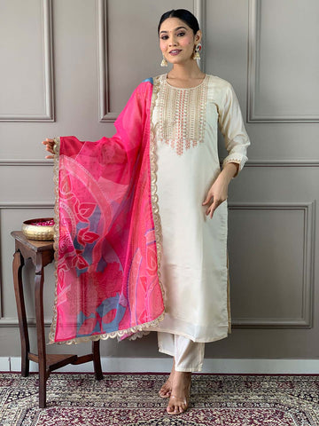 Resham Embroidered Cotton Blend Kurta With Pant & Dupatta