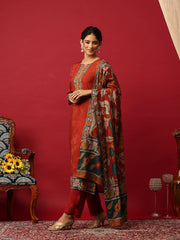 Printed Muslin Maroon Kurta With Pant & Dupatta