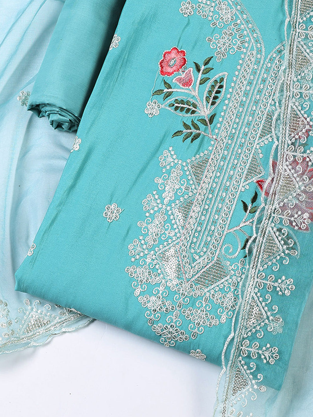 Neck Embroidered Chanderi Unstitched Suit With Dupatta