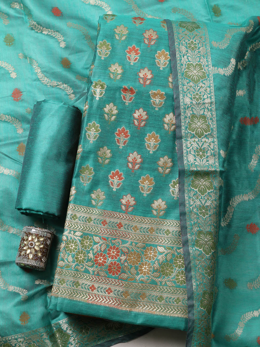Banarasi Chanderi Unstitched Suit With Pant &amp; Dupatta