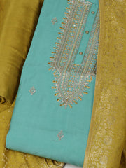 Embroidered Chanderi Sea Green Unstitched Suit With Pant & Dupatta