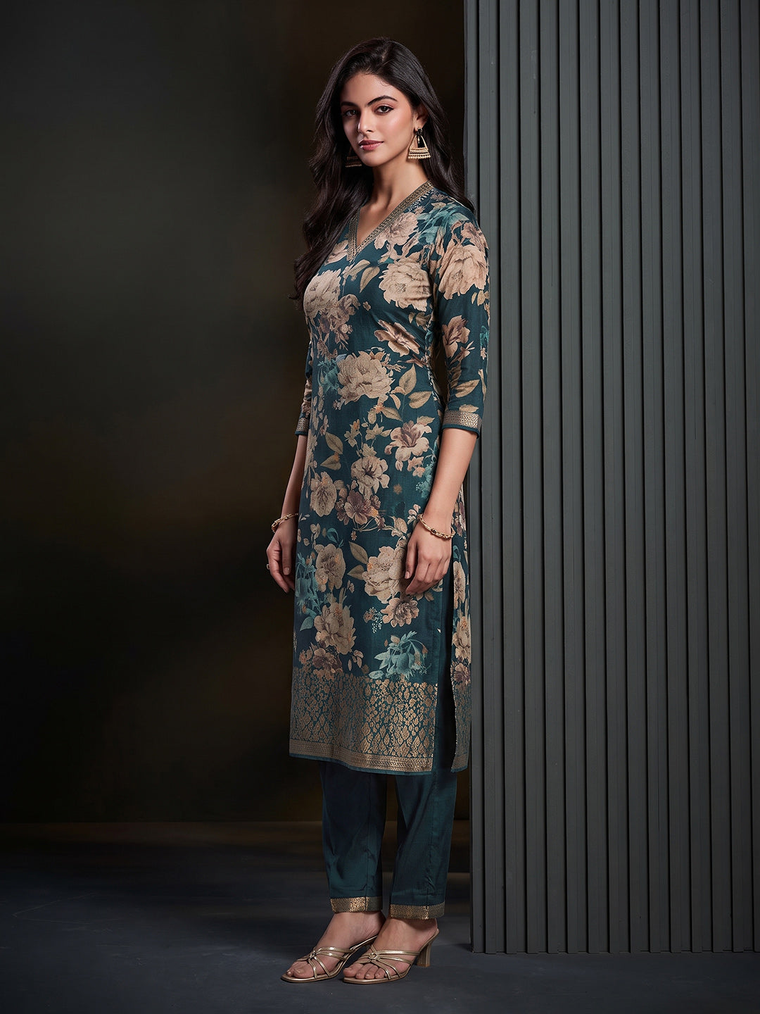 Blue Printed Art Silk Kurta With Pant &amp; Dupatta