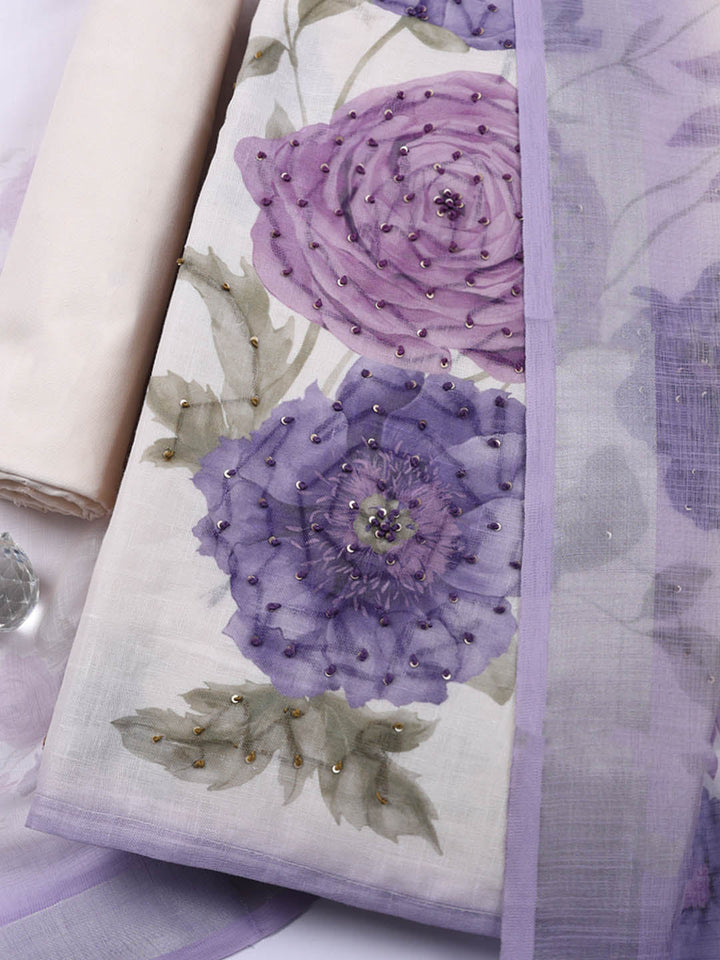 Printed Linen Blend Unstitched Suit With Pant &amp; Dupatta
