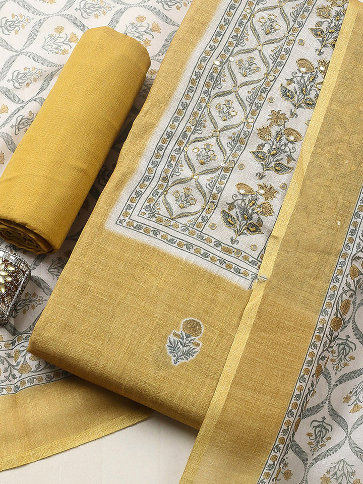 Embroidered Cotton Blend Unstitched Suit With Pant &amp; Dupatta