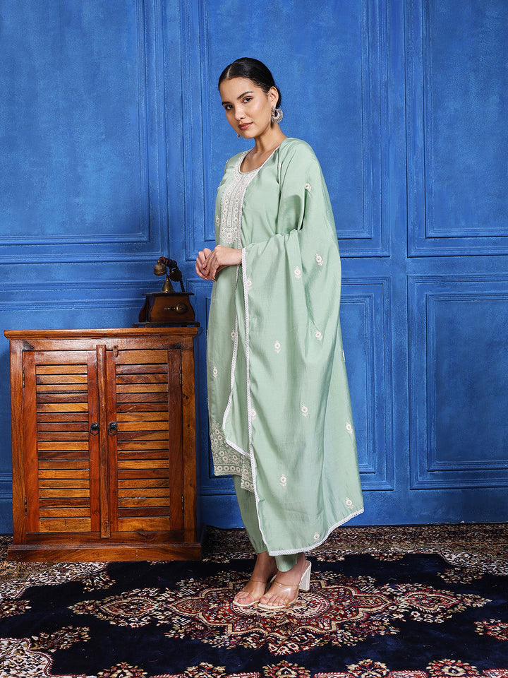 Printed Cotton Blend Kurta With Pants &amp; Dupatta