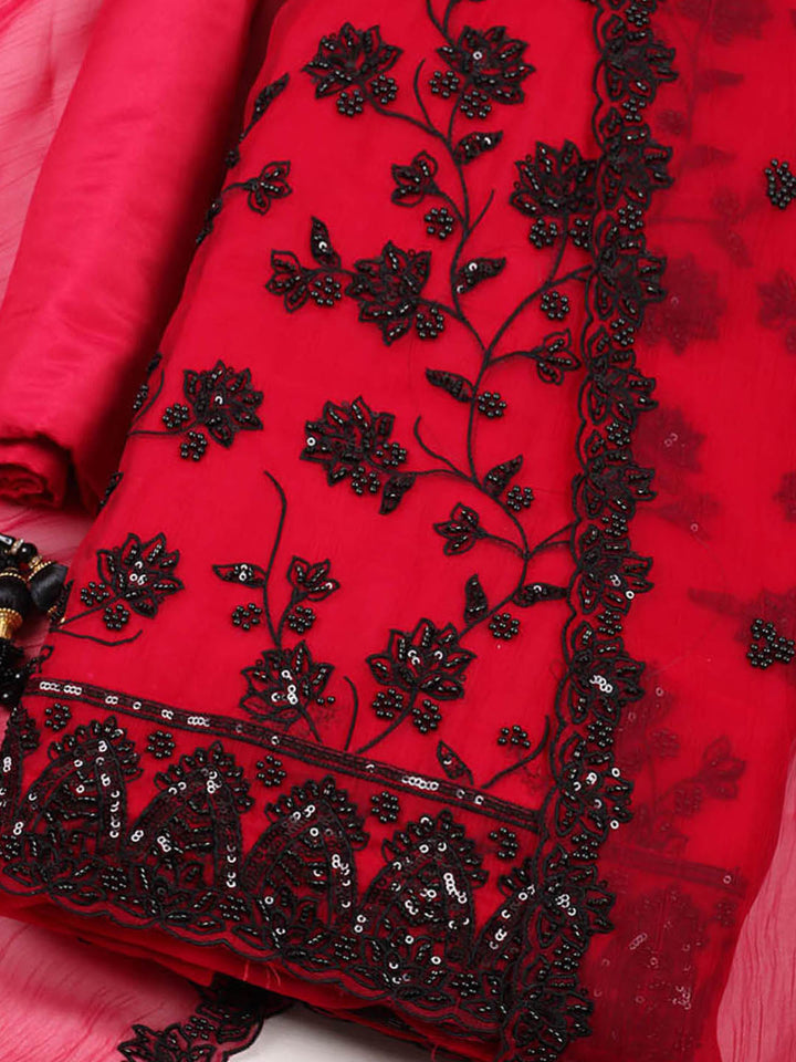 Embroidered Organza Unstitched Suit With Pant &amp; Dupatta