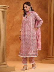 Printed Cotton Blend Kurta With Pants & Dupatta