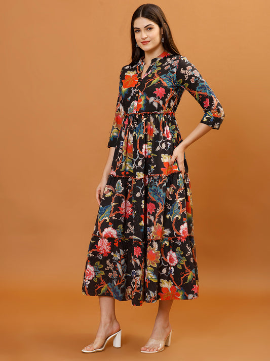 Floral Printed Cotton Blend Dress