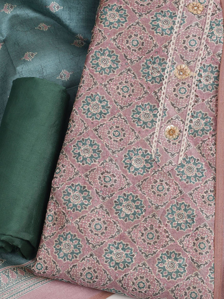 Printed Cotton Unstitched Suit With Pant &amp; Dupatta
