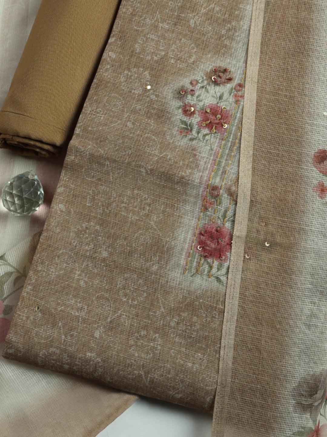 Printed Linen Blend Unstitched Suit With Pant &amp; Dupatta