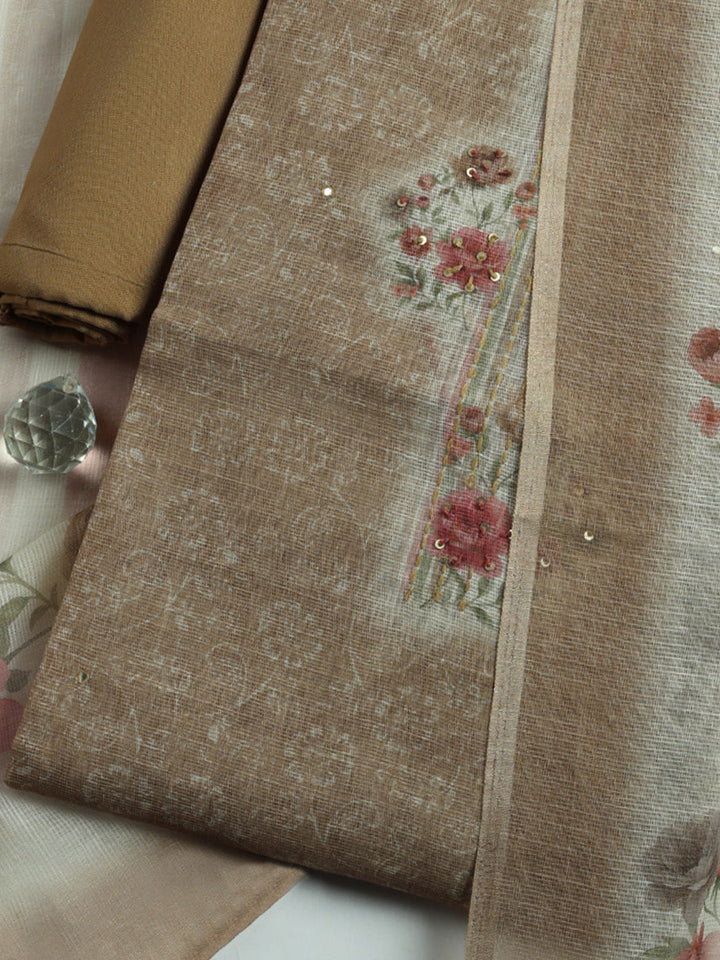 Printed Linen Blend Unstitched Suit With Pant &amp; Dupatta