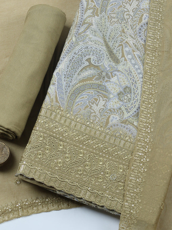 Embroidered Chanderi Unstitched Suit With Pant &amp; Dupatta