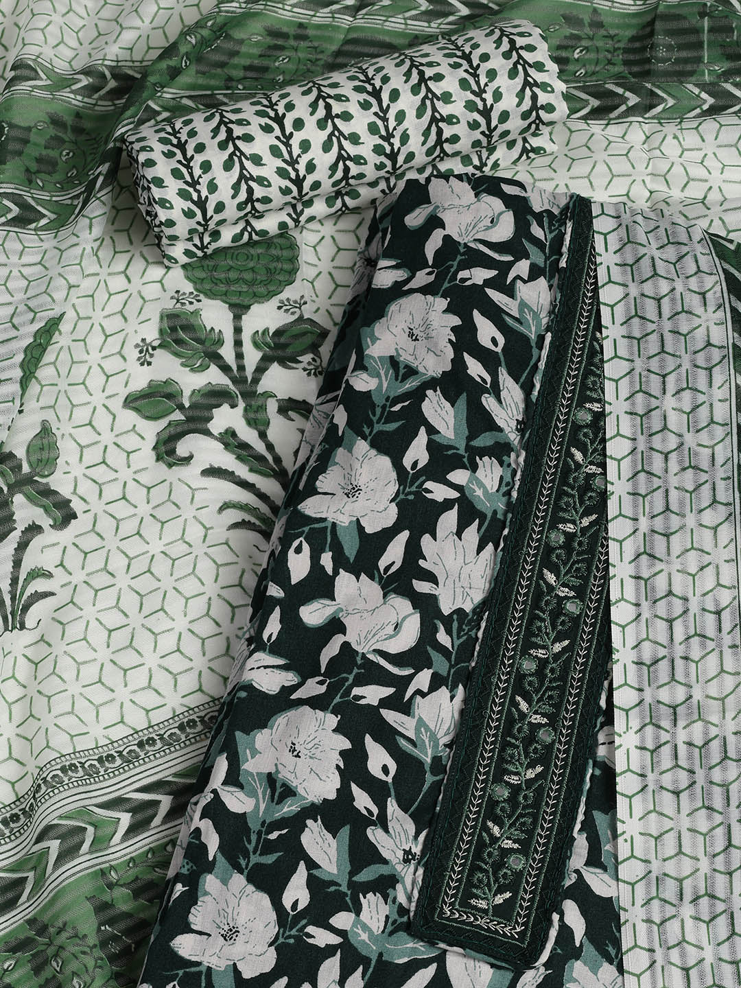 Patch Neck Cotton Blend Unstitched Suit With Dupatta