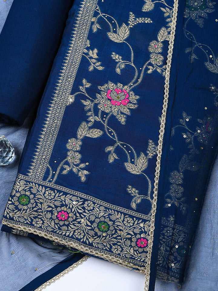 Woven Design Chanderi Unstitched Suit With Pant &amp; Dupatta