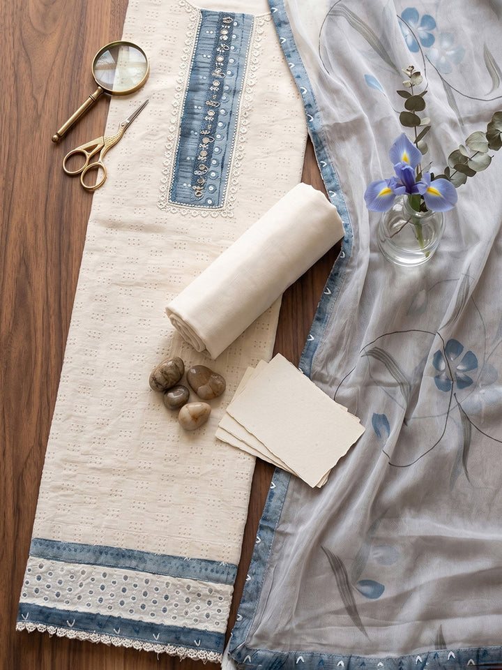 Neck Embroidered Cotton Blend Unstitched Suit With Dupatta