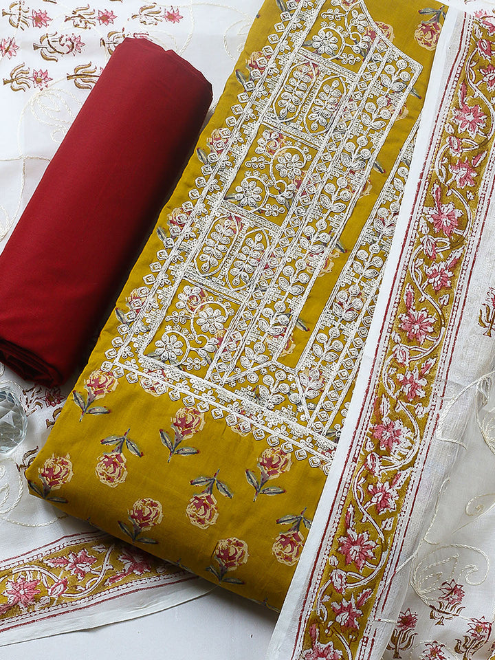 Printed Cotton Blend Unstitched Suit With Pant &amp; Dupatta