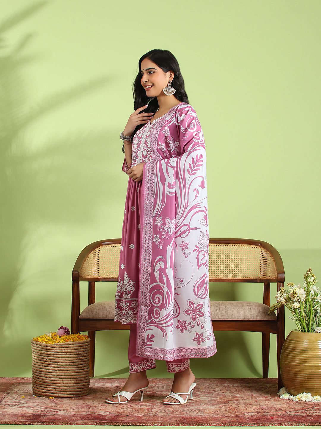 Embroidered Cotton Kurta With Pant &amp; Dupatta