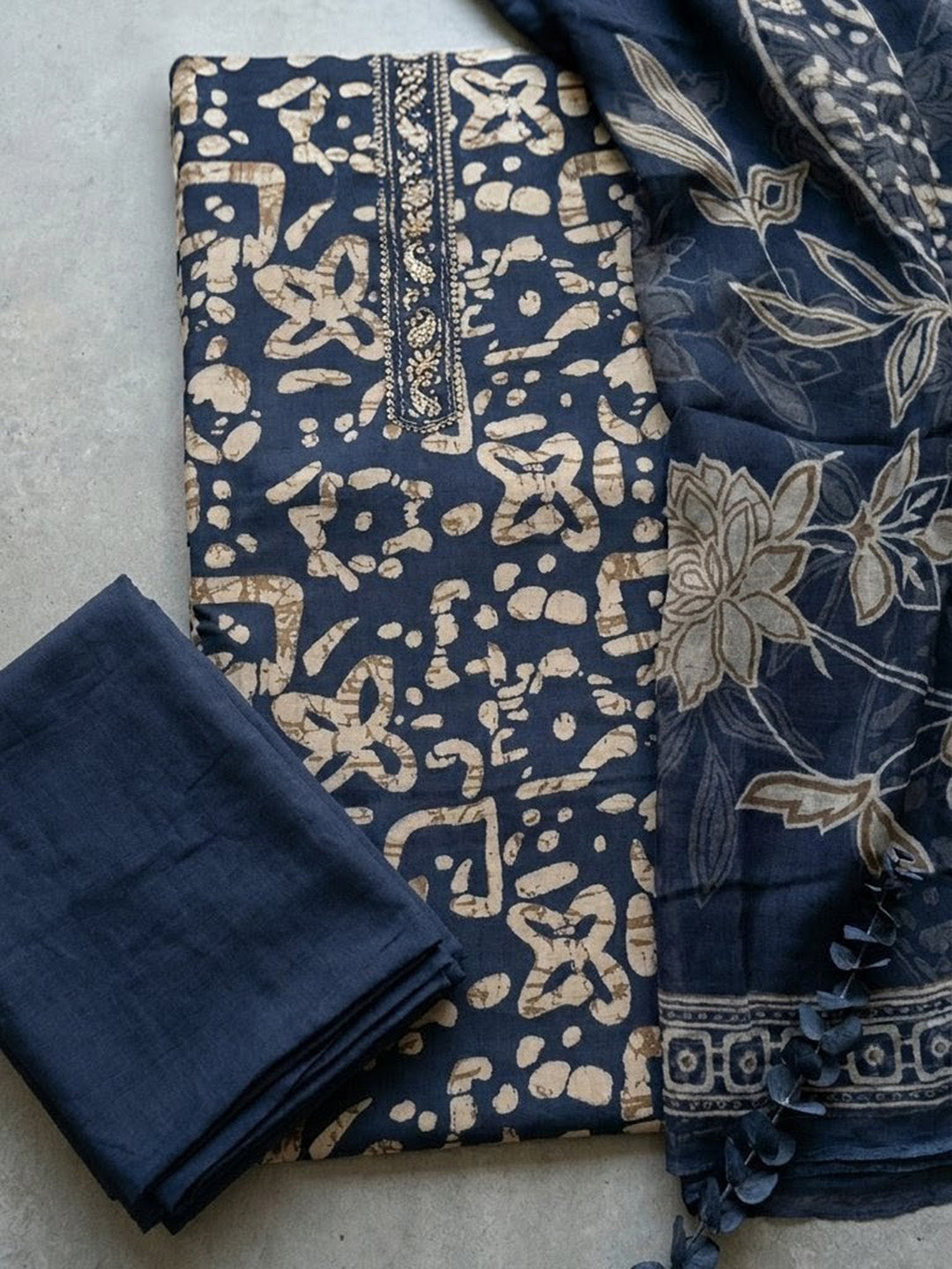Printed Cotton Blend Unstitched Suit With Pant &amp; Dupatta