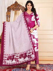 Floral Printed Cotton Blend Kurta With Pants & Dupatta